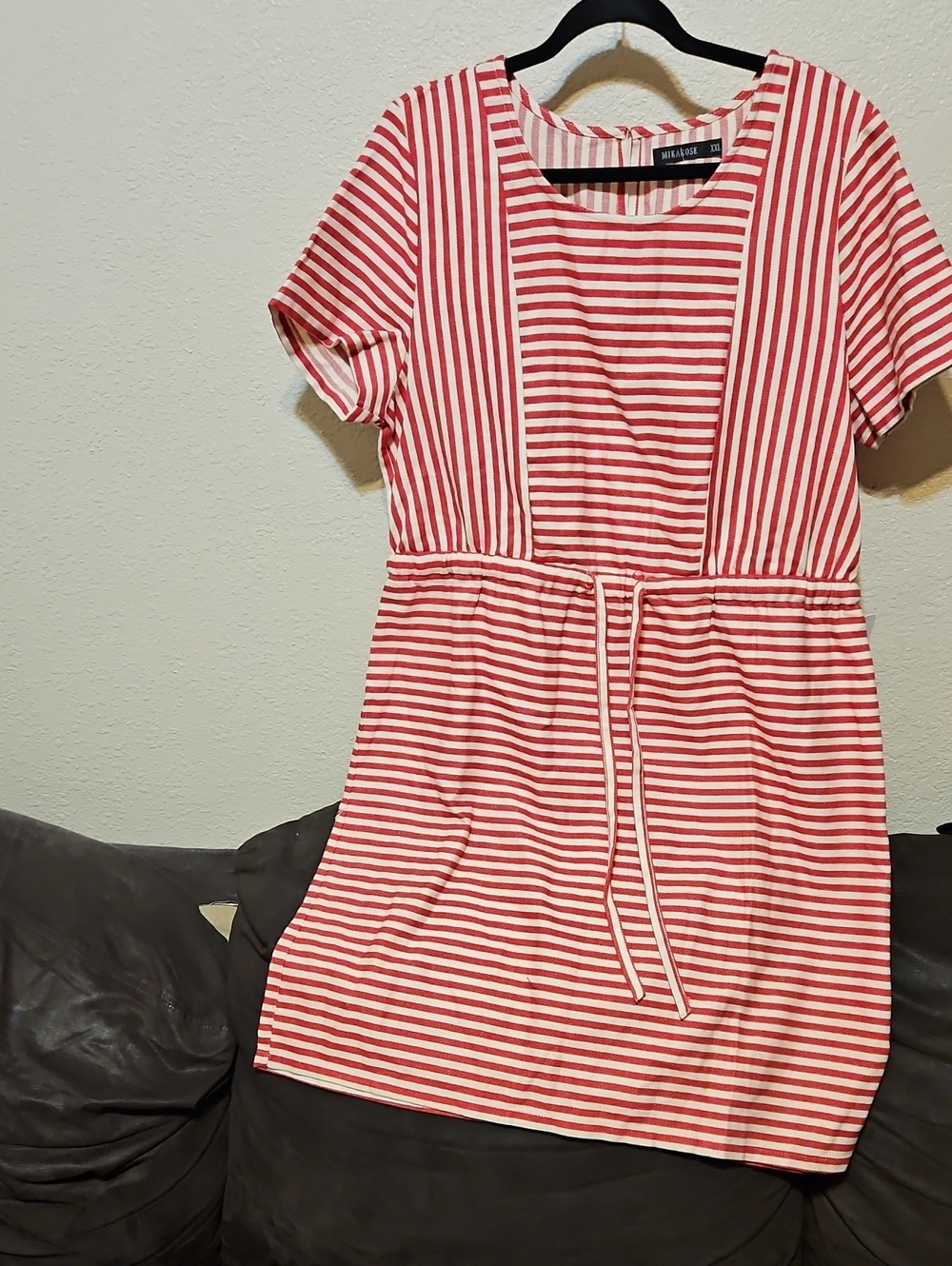 Mikarose Red and White Striped Short-Sleeve Midi Dress